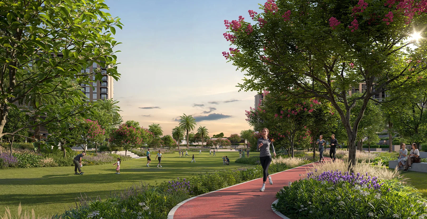 Landscaped running trail and gardens at Terra Gardens